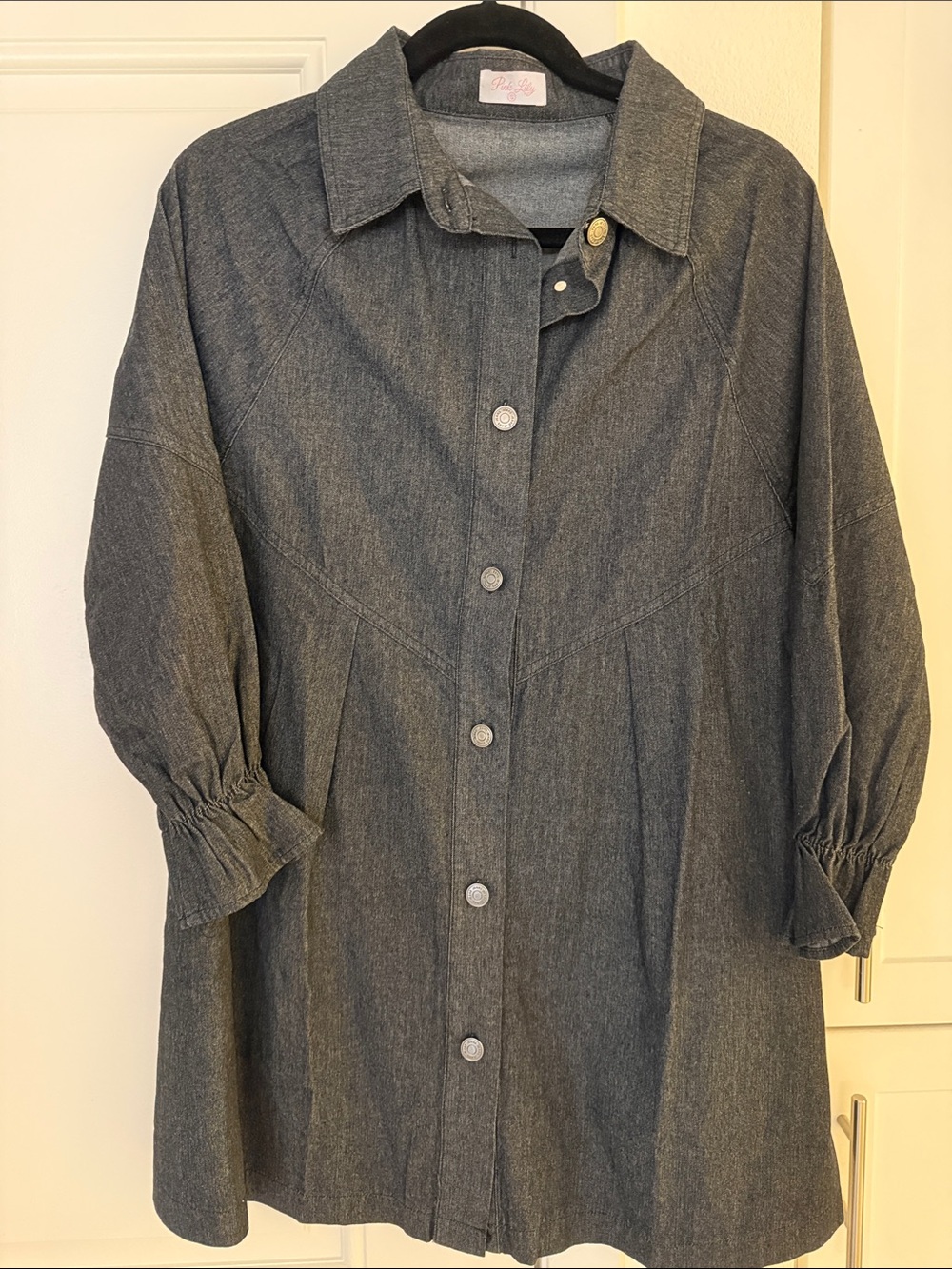 Pink Lily Dark Denim Button-Front Long Sleeve Dress